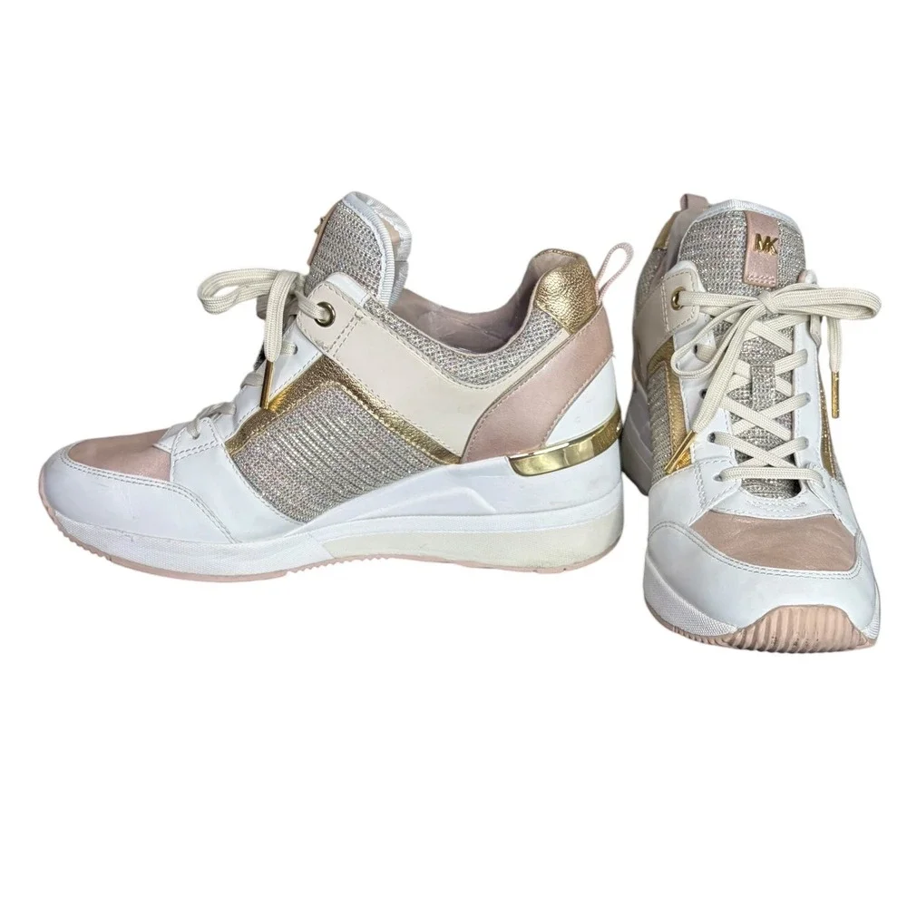 Michael Kors White Pink Wedge Sneakers Glitter Leather Women's Size 8.5M